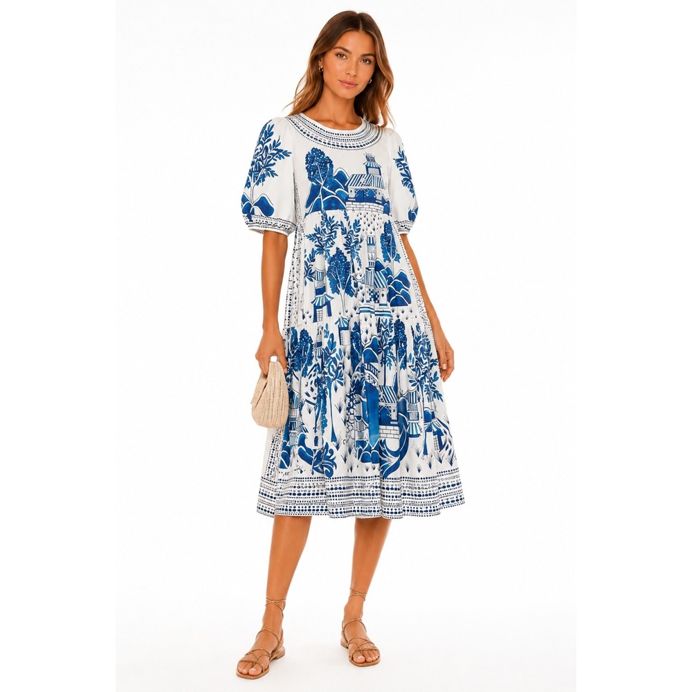 Farm Rio Ancient Garden Blue White Cotton Poplin Midi Dress L Cottagecore - Picture 2 of 13